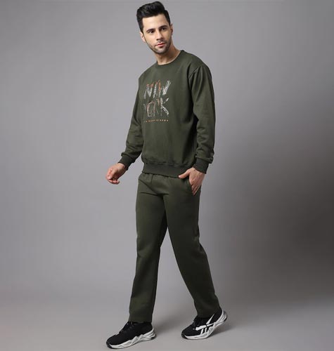Men Olive Green & White Typography Print Cotton Track Suit